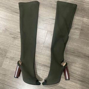 Green Open Toe Soft Canvas Below the Knee Boots